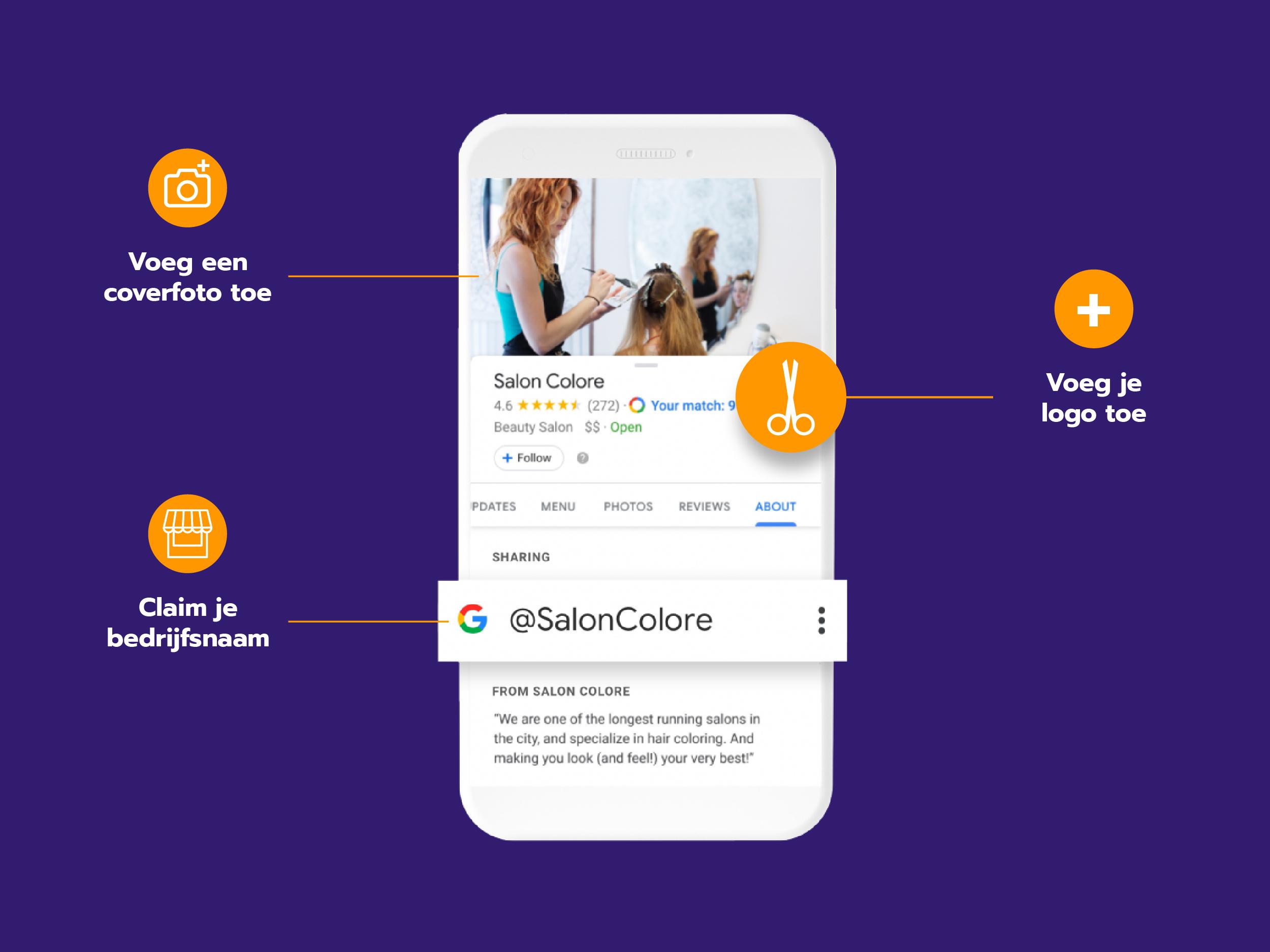 Onderdelen van een Google Business Profile Enkele onderdelen van een Google Business Profile uitgelicht.